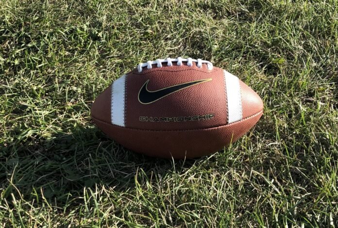 Football on the field at Normie Kwong Park (Galen Hartviksen, mymountainviewnow.com staff)