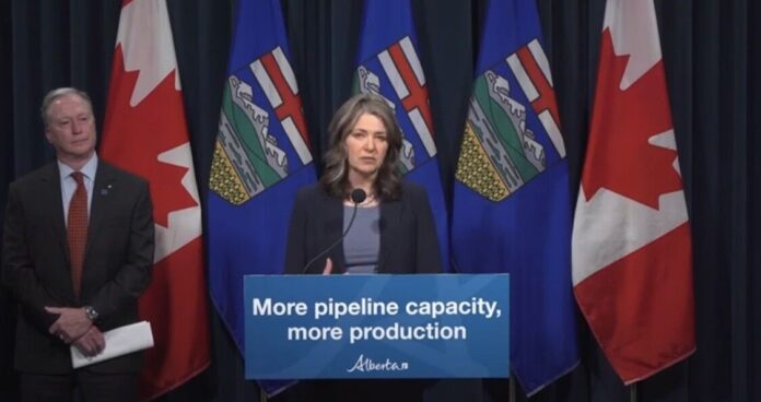 Premier Danielle Smith in Calgary on January 6, 2025 announcing Alberta's new initiative to increase oil and gas production and exports. (Galen Hartviksen, mymountainviewnow.com staff)