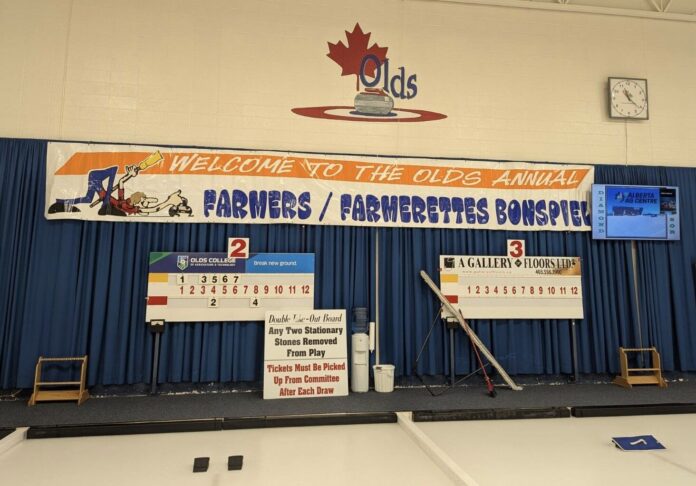 Olds curling club decorated for annual Olds Farmers and Farmerettes Bonspiel on February 11, 2025. (Cory Noel, mymountainviewnow.com staff)