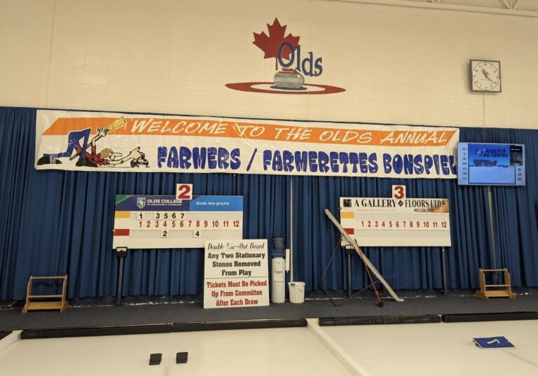 Olds curling club decorated for annual Olds Farmers and Farmerettes Bonspiel on February 11, 2025. (Cory Noel, mymountainviewnow.com staff)