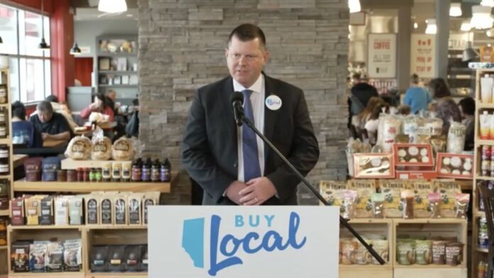 RJ Sigurdson, Alberta's Minister of Agriculture and Irrigation, in Edmonton for the 'Buy Local' campaign launch on April 14, 2025. (Galen Hartviksen, mymountainviewnow.com staff)