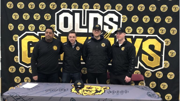 Olds Grizzlys new ownership group and coaching staff on April 2, 2025. L-R: Moe Jamal, Tyson Soloski, Dylan Olsen, Mitch Visser. (Galen Hartviksen, mymountainviewnow.com staff)