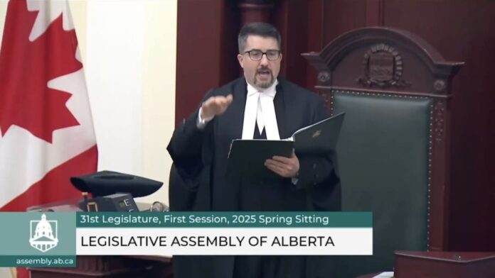 Nathan Cooper, the MLA for Olds-Didsbury-Three Hills and the Speaker of the Legislative Assembly of Alberta, in the legislature on May 8, 2025. (Galen Hartviksen, mymountainviewnow.com staff)