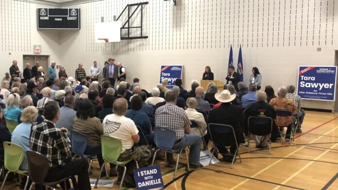 Premier Danielle Smith answers questions during a town hall meeting in Olds on May 24, 2025. (Galen Hartviksen, mymountainviewnow.com staff)