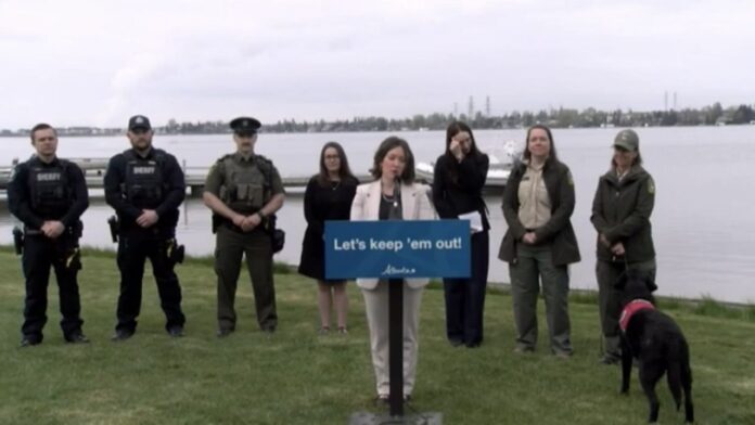 Rebecca Schulz, Minister of Environment and Protected Areas, speaking in Chestermere on May 16, 2025. (Galen Hartviksen, mymountainviewnow.com staff)