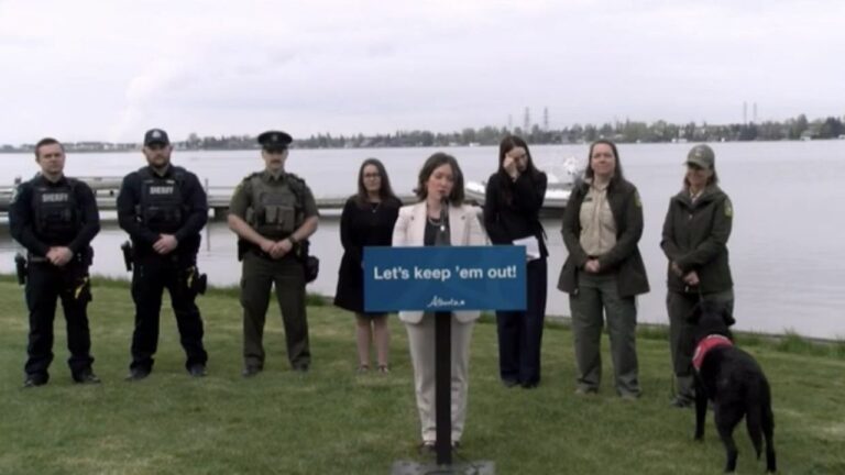 Rebecca Schulz, Minister of Environment and Protected Areas, speaking in Chestermere on May 16, 2025. (Galen Hartviksen, mymountainviewnow.com staff)