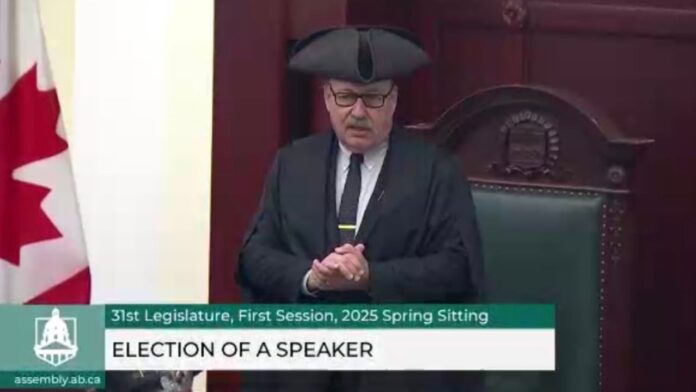 Ric McIver, the MLA for Calgary-Hays, is elected as the 15th Speaker of the Legislative Assembly of Alberta in Edmonton on May 13, 2025. (Galen Hartviksen, mymountainviewnow.com staff)