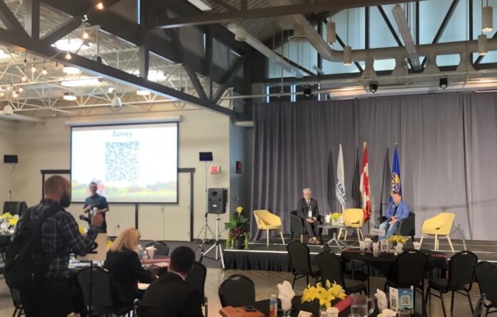 L-R: Dr. Jean-Charles Le Vallee, Country Representative for Canada with the Inter-American Institute for Cooperation on Agriculture, and Todd Ormann, Vice President Research & Development at Olds College of Agriculture & Technology, answer questions from the audience to wrap up the first-ever Americas Ag Forum at Olds College on June 17, 2025, (Galen Hartviksen, mymountainviewnow.com)