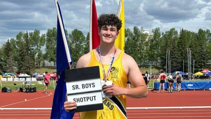Jett Rosch from the Ecole Olds High School Spartans celebrates a provincial shot put gold medal at the ASAA Provincial Track and Field meet. (EOHS Facebook page)