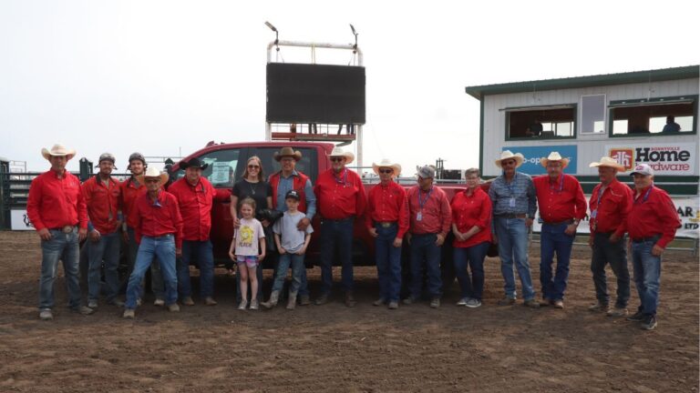 Jamie Laboucane and family along with outriders Hayden Motowylo, Kale Lajeunesse and the Bonnyville Ag Society Board. (mymountainviewnow.com staff)