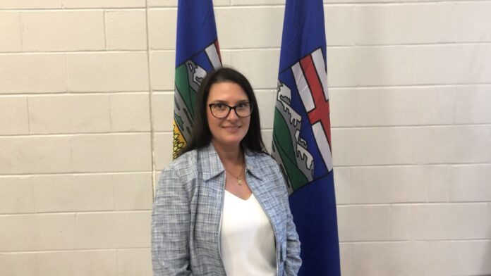 Tara Sawyer, UCP candidate for Olds-Didsbury-Three Hills, at Holy Trinity Catholic School in Olds on May 24, 2025. (Galen Hartviksen, mymountainviewnow.com staff)
