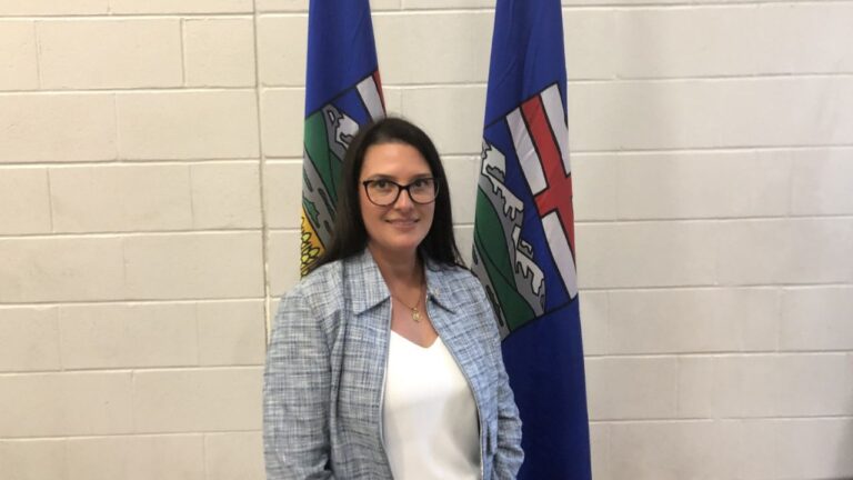 Tara Sawyer, UCP candidate for Olds-Didsbury-Three Hills, at Holy Trinity Catholic School in Olds on May 24, 2025. (Galen Hartviksen, mymountainviewnow.com staff)