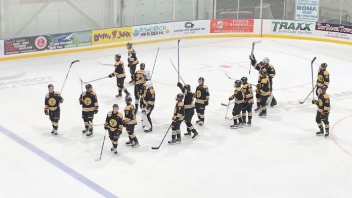The Olds Grizzlys celebrate their first win of the brand new regular season after defeating Drayton Valley 3-2 on September 28, 2025. (Galen Hartviksen, mymountainviewnow.com staff)