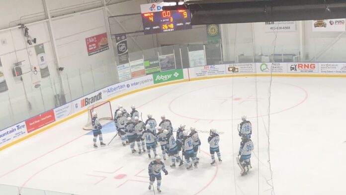 The Canmore Eagles defeated the Olds Grizzlys 9-4 in Alberta Junior Hockey League action on September 23, 2025. (Galen Hartviksen, mymountainviewnow.com staff)