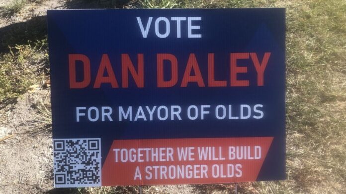 Dan Daley for Mayor of Olds election sign. (Galen Hartviksen, mymountainviewnow.com staff)