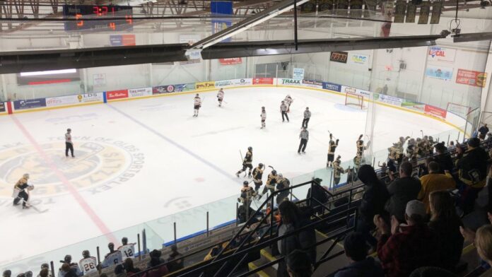 The Olds Grizzlys defeat the Drumheller Dragons in overtime on November 15, 2025. (Galen Hartviksen, mymountainviewnow.com staff)