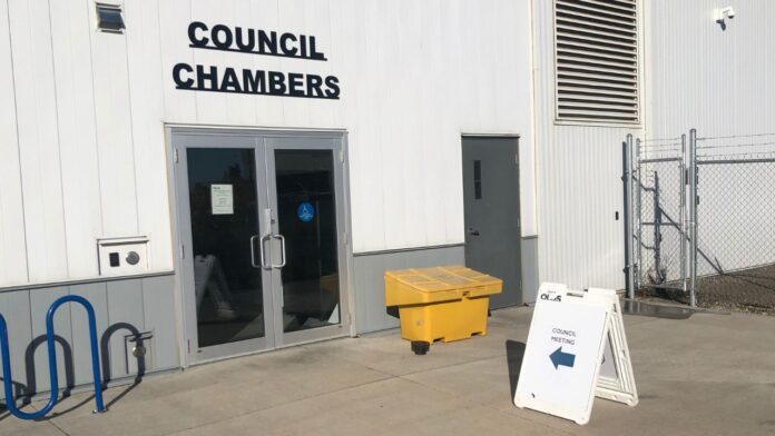Council chambers entrance at the Town of Olds Operations Centre on 70th Avenue. (Galen Hartviksen, mymountainviewnow.com staff)