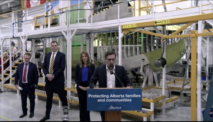 Minister of Forestry and Parks Todd Loewen at De Havilland Canada in Calgary on February 17, 2026. (Galen Hartviksen, mymountainviewnow.com staff)