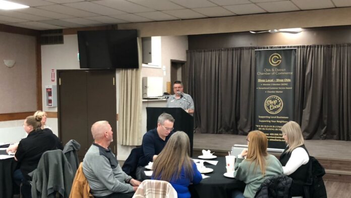 President Doug Rieberger speaks during the 2026 annual general meeting for the Olds & District Chamber of Commerce. (mymountainviewnow.com staff)
