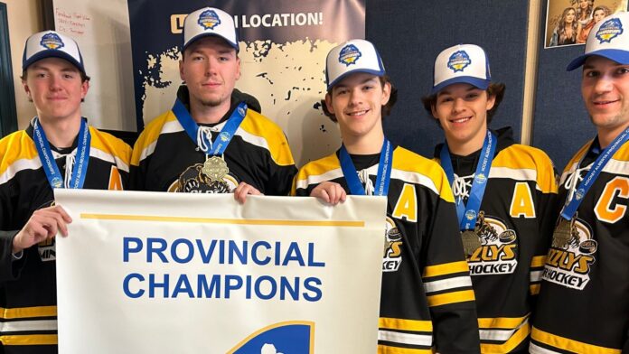 U18 Olds Grizzlys visit 96.5 The Ranch on April 1, 2026. L-R: Evan Ellis, Aiden Cook, Wyatt McDonald, Hunter McDonald, Braden Scott. (mymountainviewnow.com staff)
