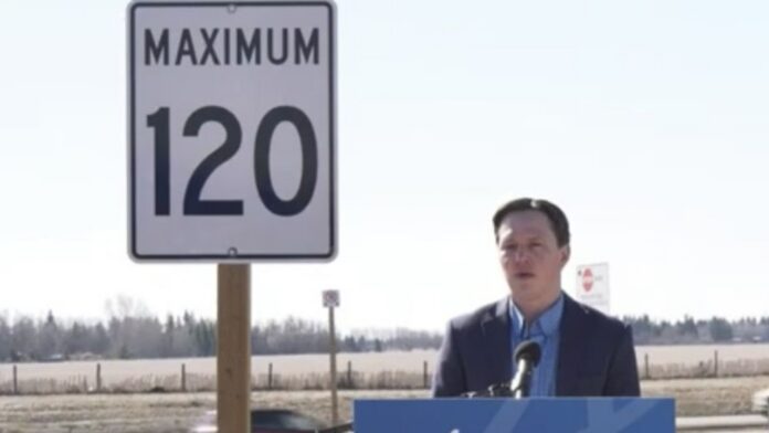 Devin Dreeshen, Alberta's Minister of Transportation and Economic Corridors, announces a higher speed limit pilot project on April 29, 2026. (mymountainviewnow.com staff)