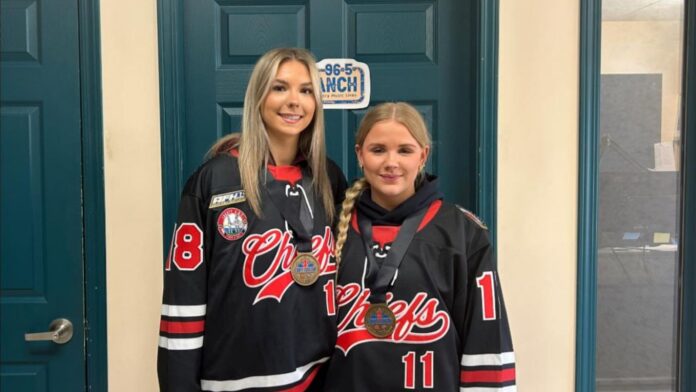 L-R: Kendall Hammer and Ceder Thorburn show off their national championship medals at 96.5 The Ranch. (mymountainviewnow.com staff)