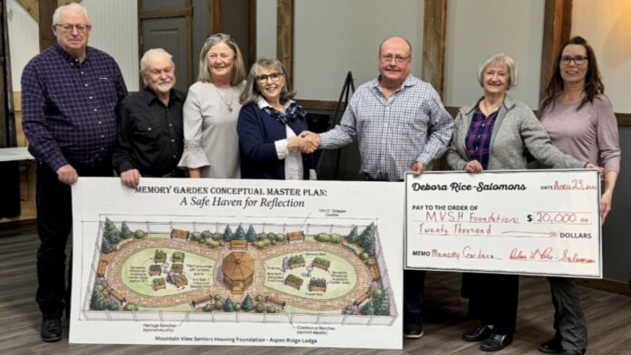 Pictured from left to right: Mayor of Sundre, Richard Warnock MVSHF Director), Wayne Milaney (MVSHF Director), Deb Ward (MVSHF Director), Debora Rice-Solomons (Donor), Alan Miller (MVSHF President), Doreen Bills (MVSHF Director), Teina Bowen (Site General Manager for Aspen Ridge Lodge). (Supplied, MVSH)