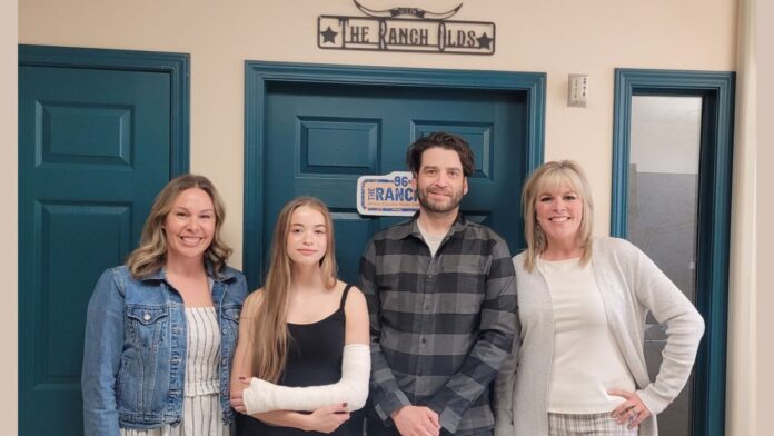 A crew from Ecole Olds High School joined us in studio at 96.5 The Ranch for Grad Week 2026. L-R: Vice-Principal Jana Kemmere, Class of 2026 Valedictorian Stella Brown, Stella's Dad - EOHS Teacher Michael Brown, and Principal Meaghan Reist. (mymountainviewnow.com staff)