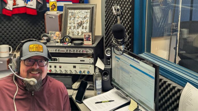 Galen Hartviksen with the Olds Grizzlys and Vista Radio, AJHL Broadcaster of the Year for 2025-2026. (mymountainviewnow.com staff)