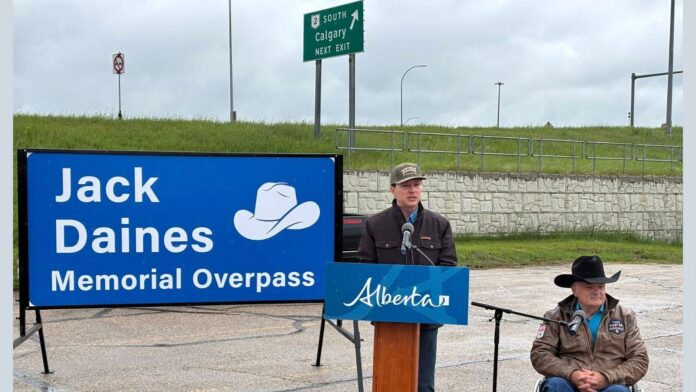 Devin Dreeshen, Alberta's Minister of Transportation and Economic Corridors, and Duane Daines, son of Jack Daines, at the announcement of the Jack Daines Memorial Overpass on June 10, 2026. (Devin Dreeshen Facebook page)