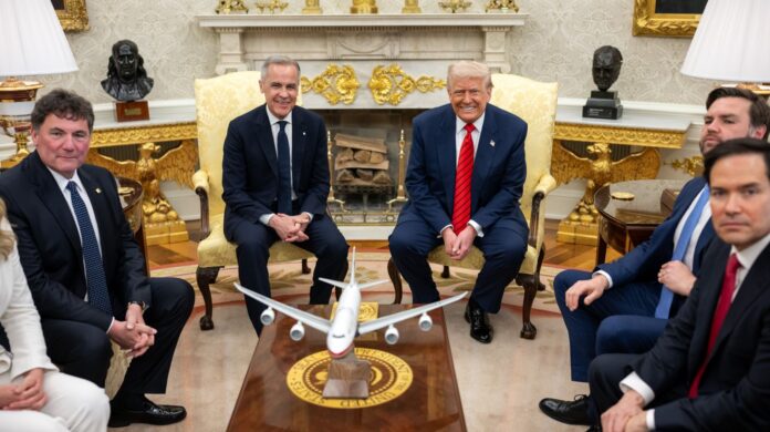 FILE - President Donald Trump meets with Canadian Prime Minister Mark Carney, Tuesday, May 6, 2025, in the Oval Office. | Official White House Photo by Daniel Torok, Public Domain